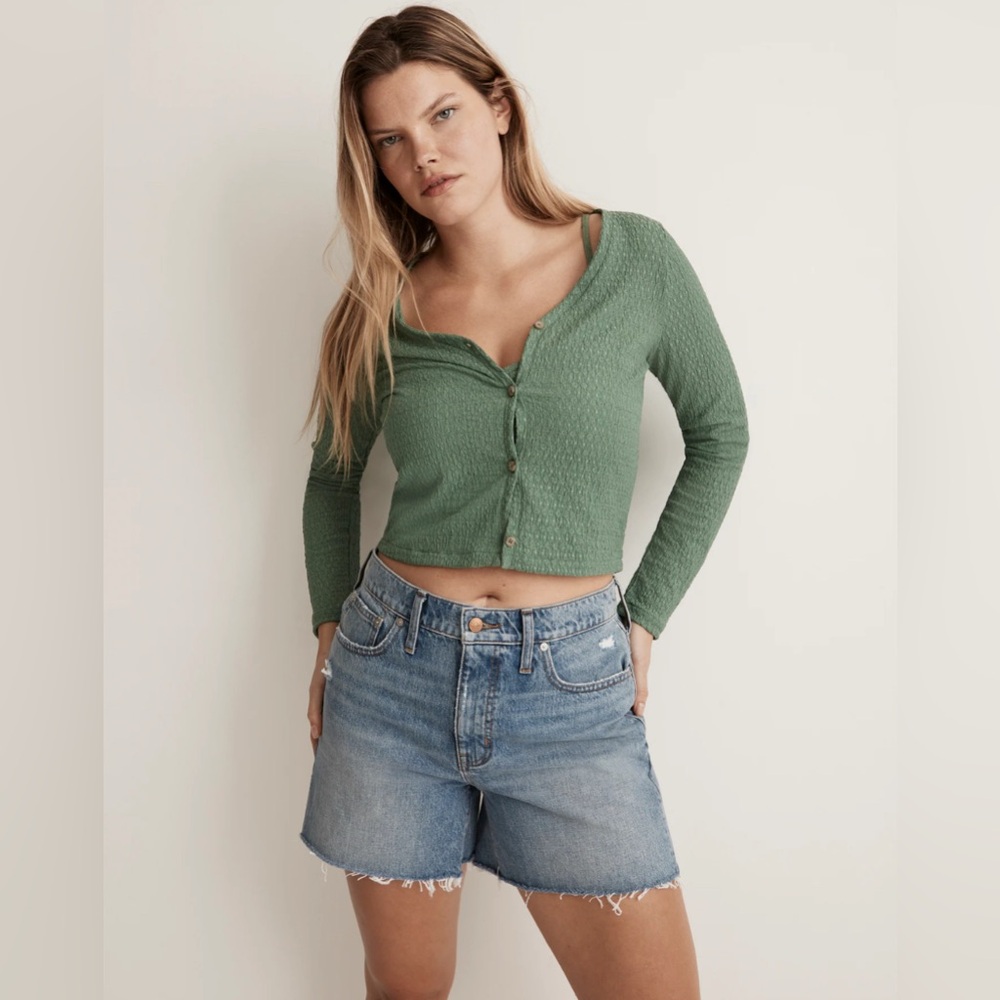Madewell Green Crinkle Knit V-Neck Long Sleeve Cardigan